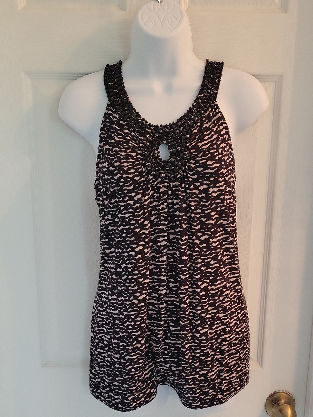 INC International Concepts Black and Cream Beaded Keyhole Racerback Tank